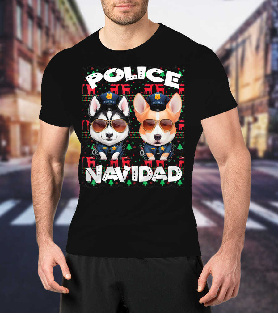 Police Navidad Ugly Christmas Dog Cops With Sunglasses T-Shirt