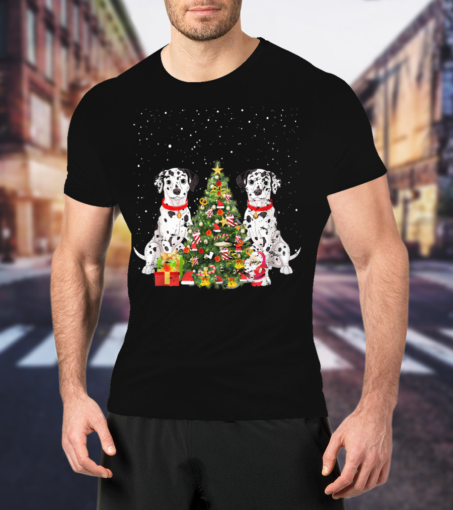 Dalmatian Christmas Tree Dalmatian Holiday Costume With Gifts And Santa T-Shirt