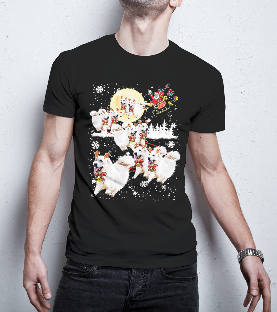 Great Pyrenees Reindeer Santa Christmas With Sleigh And Snowflakes T-Shirt