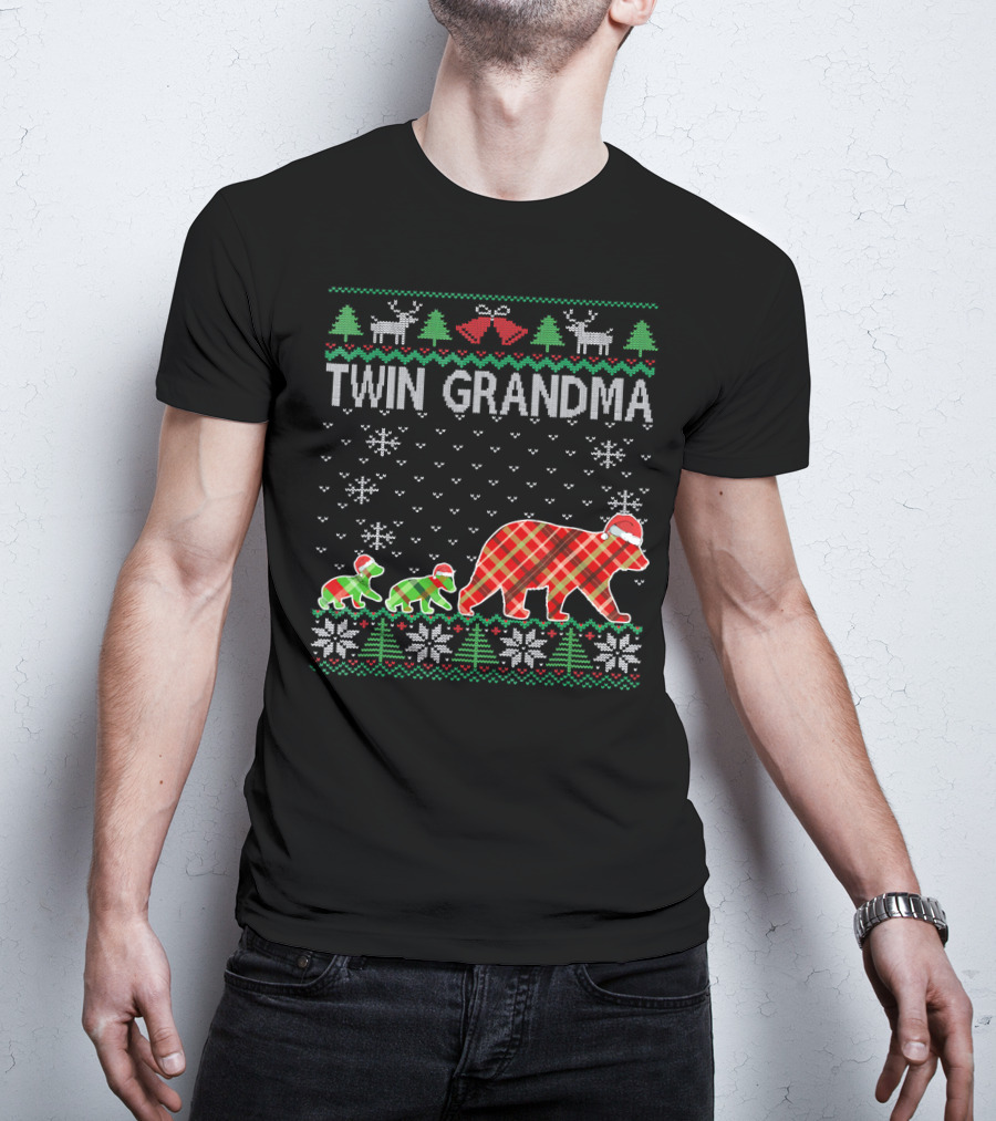 Twin Grandma Matching Ugly Christmas Plaid Bear Family Snowflakes Trees T-Shirt