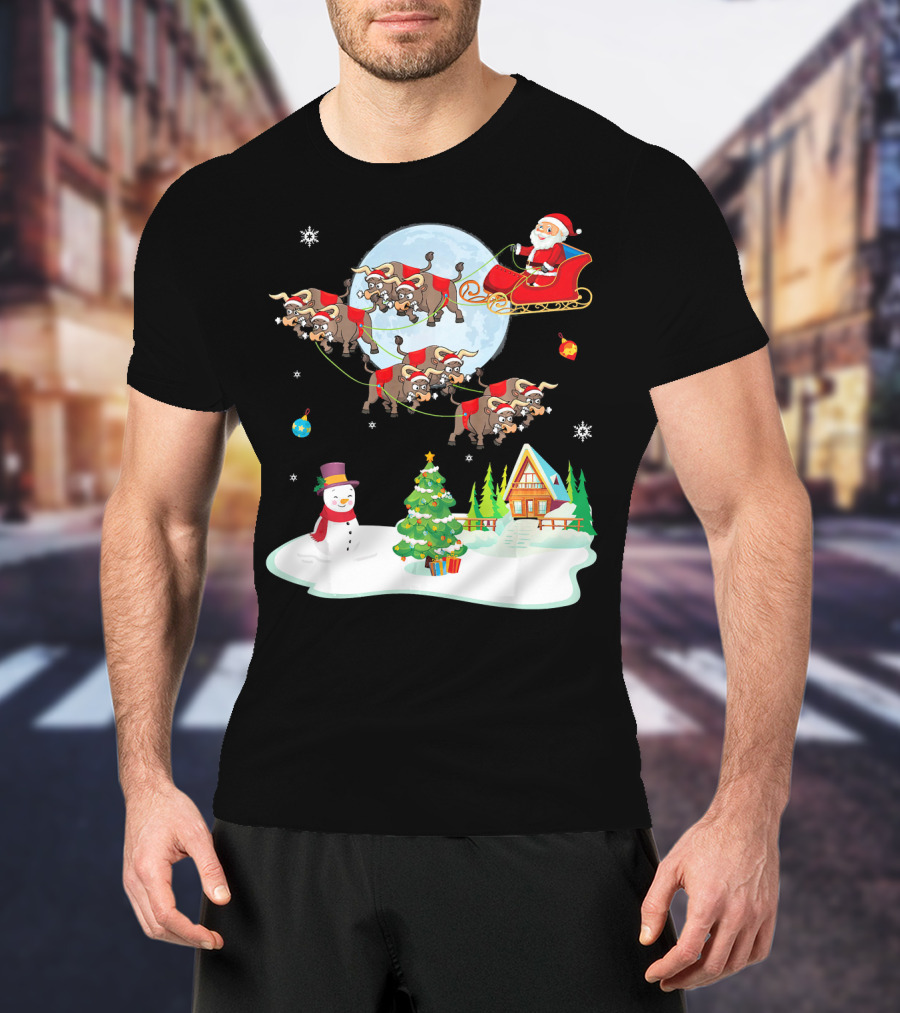 Santa Claus Buffalo Sleigh Snowman Christmas Scene T-Shirt