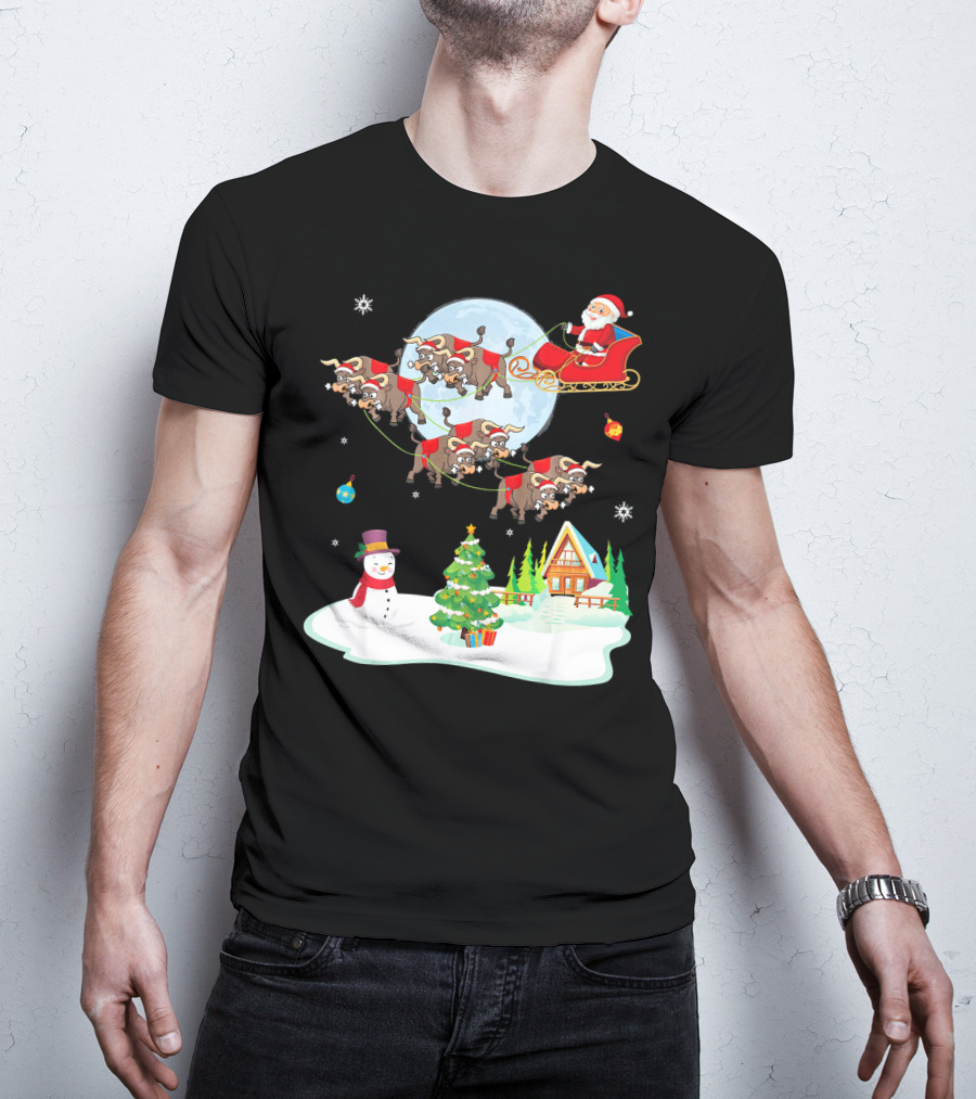 Santa Claus Buffalo Sleigh Snowman Christmas Scene T-Shirt