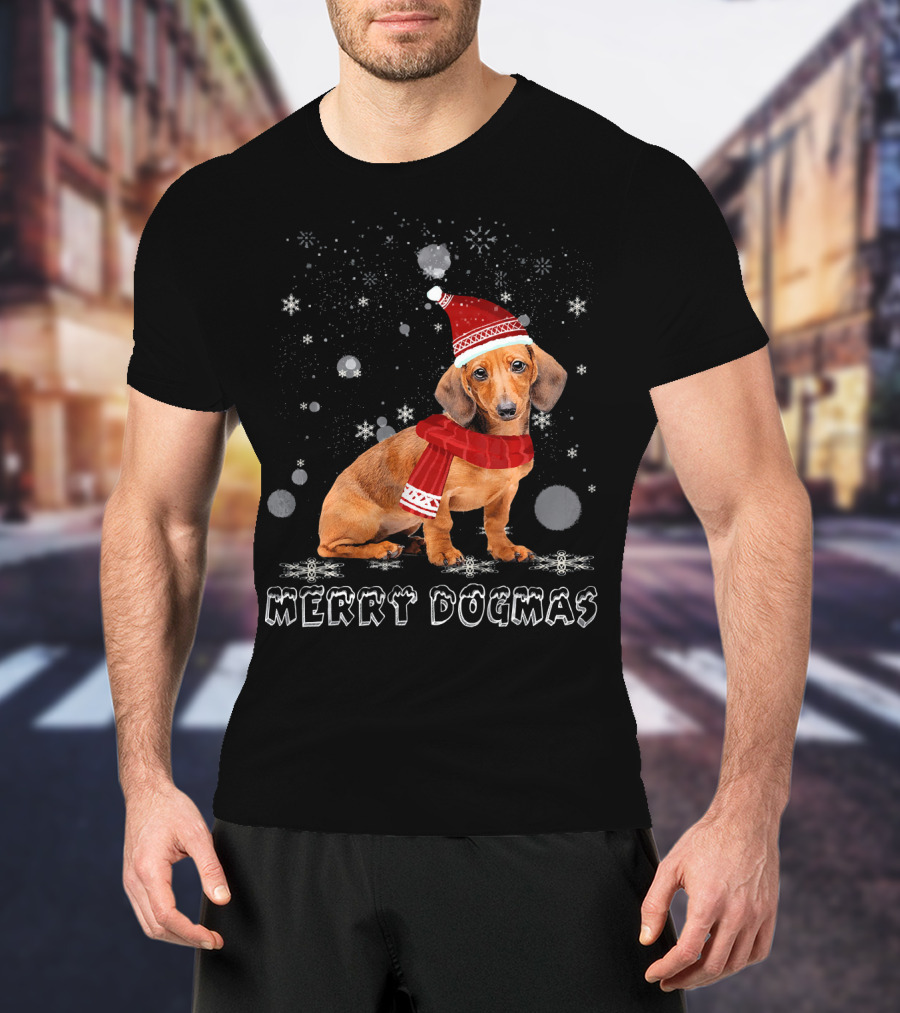 Merry Dogmas Dachshund Dog In Snow With Santa Hat And Scarf T-Shirt