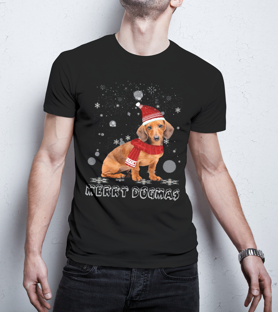 Merry Dogmas Dachshund Dog In Snow With Santa Hat And Scarf T-Shirt