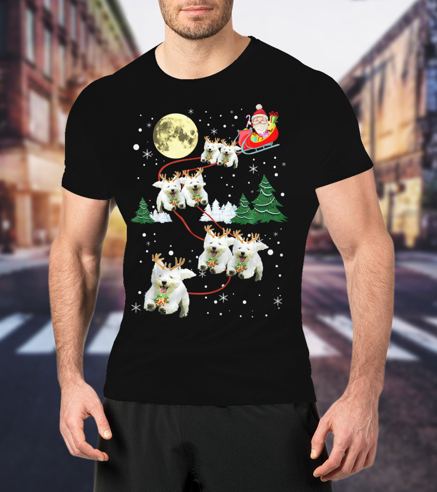 Santa Sleigh With Westie Reindeer Christmas Moon And Trees T-Shirt