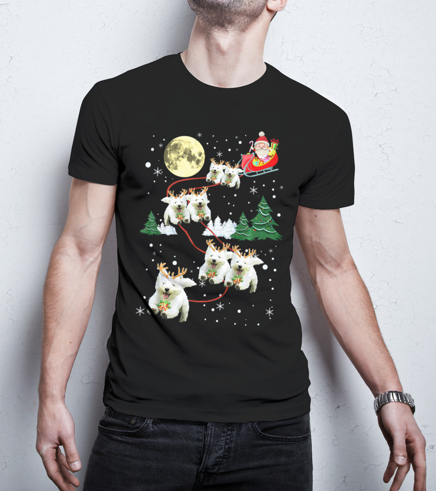Santa Sleigh With Westie Reindeer Christmas Moon And Trees T-Shirt