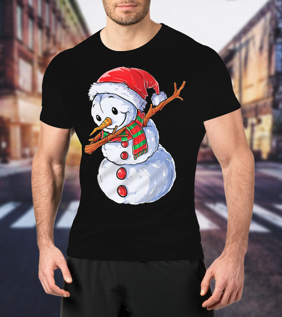 Festive Snowman With Santa Hat And Striped Scarf T-Shirt
