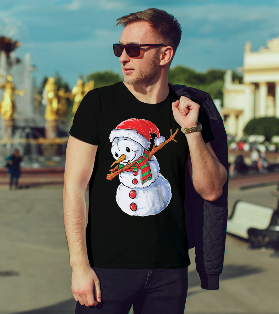 Festive Snowman With Santa Hat And Striped Scarf T-Shirt