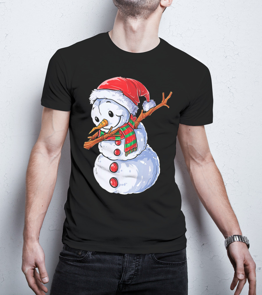 Festive Snowman With Santa Hat And Striped Scarf T-Shirt