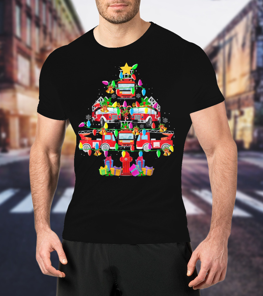 Fire Truck Christmas Tree With Decorations And Gifts T-Shirt