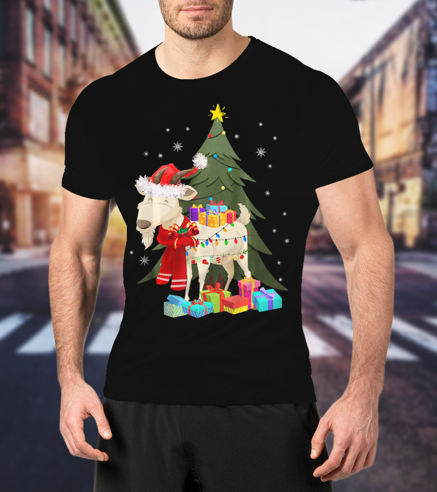 Goat Christmas Lights Funny Goat Santa Hat Presents Tree Snowflakes T-Shirt