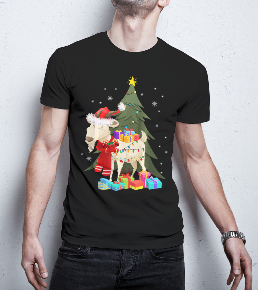 Goat Christmas Lights Funny Goat Santa Hat Presents Tree Snowflakes T-Shirt