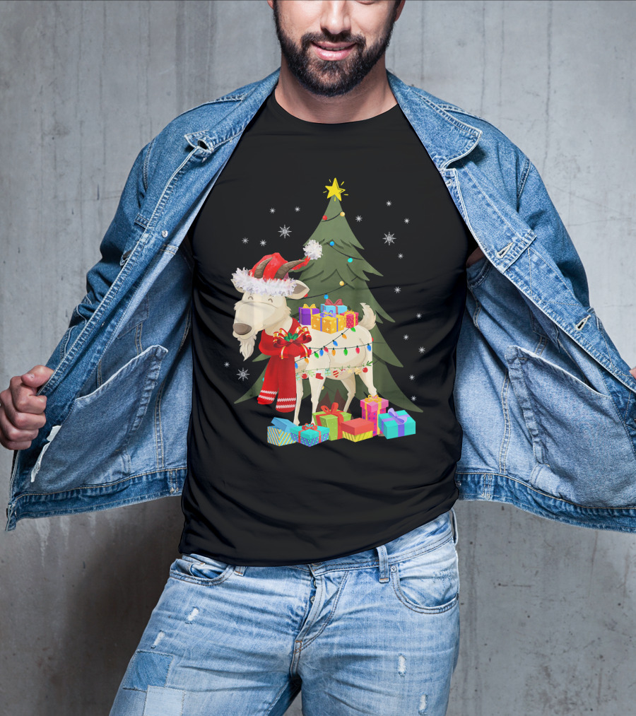 Goat Christmas Lights Funny Goat Santa Hat Presents Tree Snowflakes T-Shirt