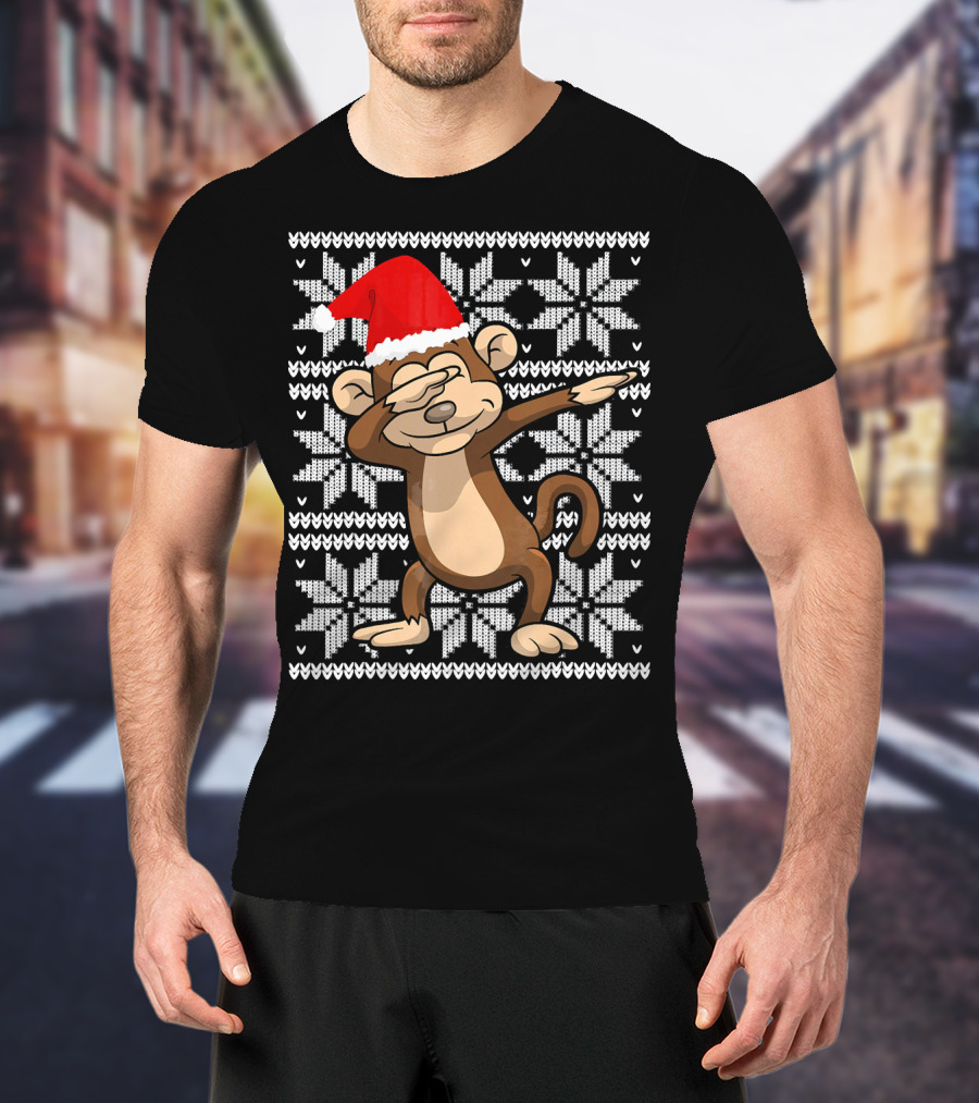 UGLY CHRISTMAS Dabbing Monkey Dab Santa Hat Snowflake T-Shirt
