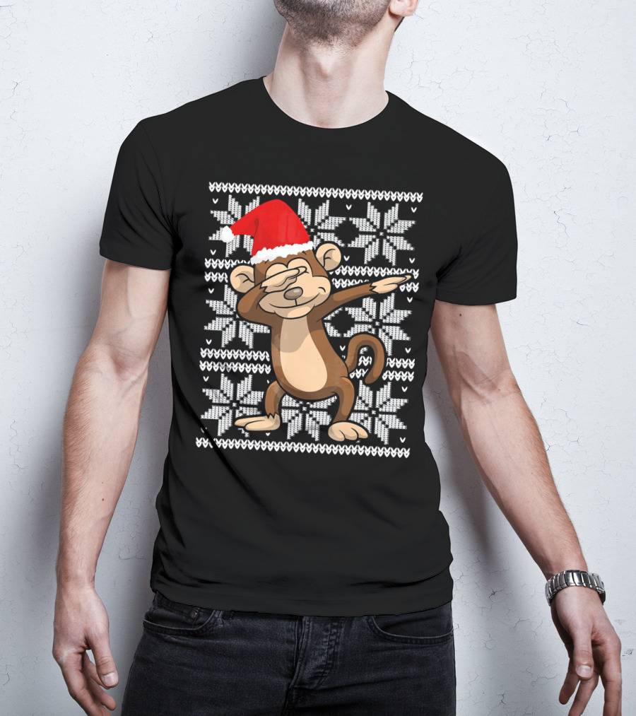 UGLY CHRISTMAS Dabbing Monkey Dab Santa Hat Snowflake T-Shirt