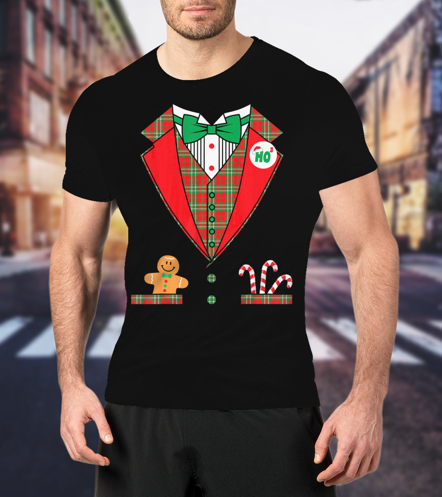 Funny Christmas Costume Tuxedo Ho Ho Ho Bow Tie Gingerbread Candy Cane T-Shirt