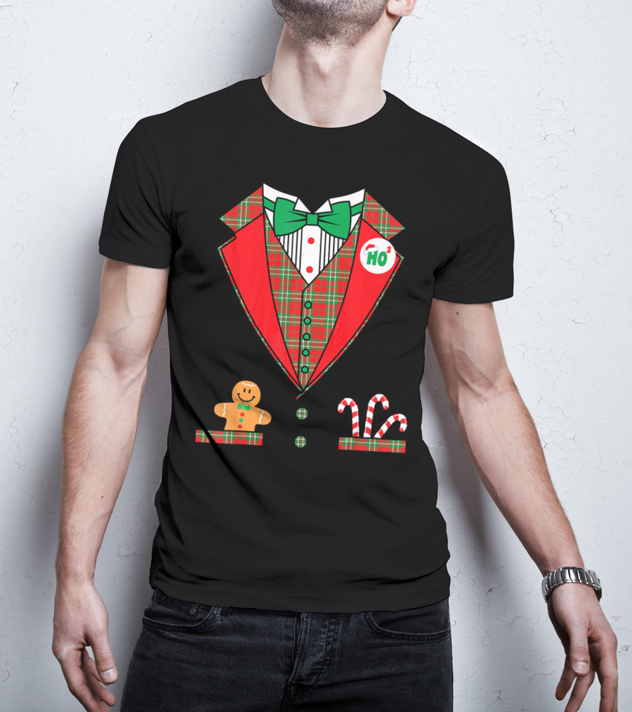Funny Christmas Costume Tuxedo Ho Ho Ho Bow Tie Gingerbread Candy Cane T-Shirt