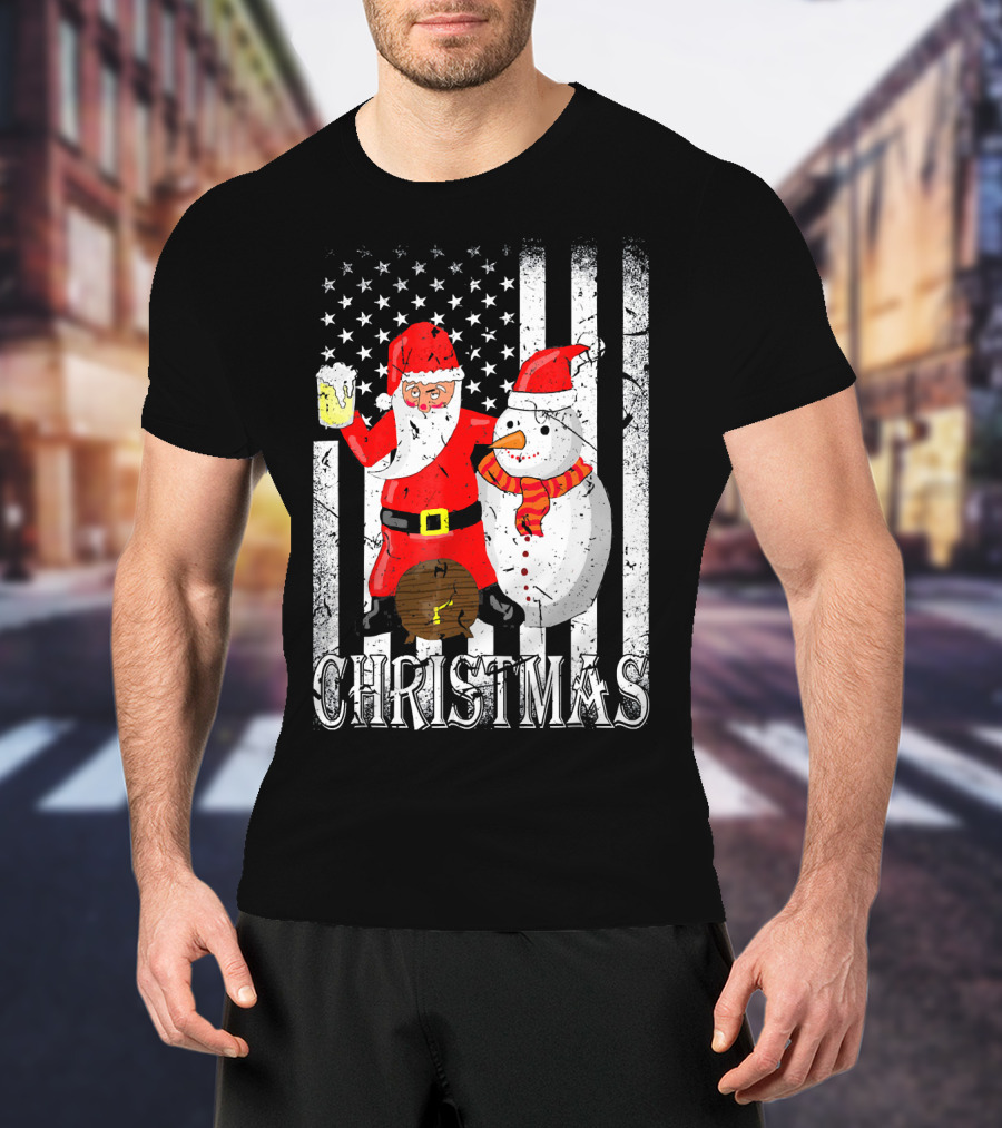 Christmas Santa Claus Snowman With Beer American Flag T-Shirt