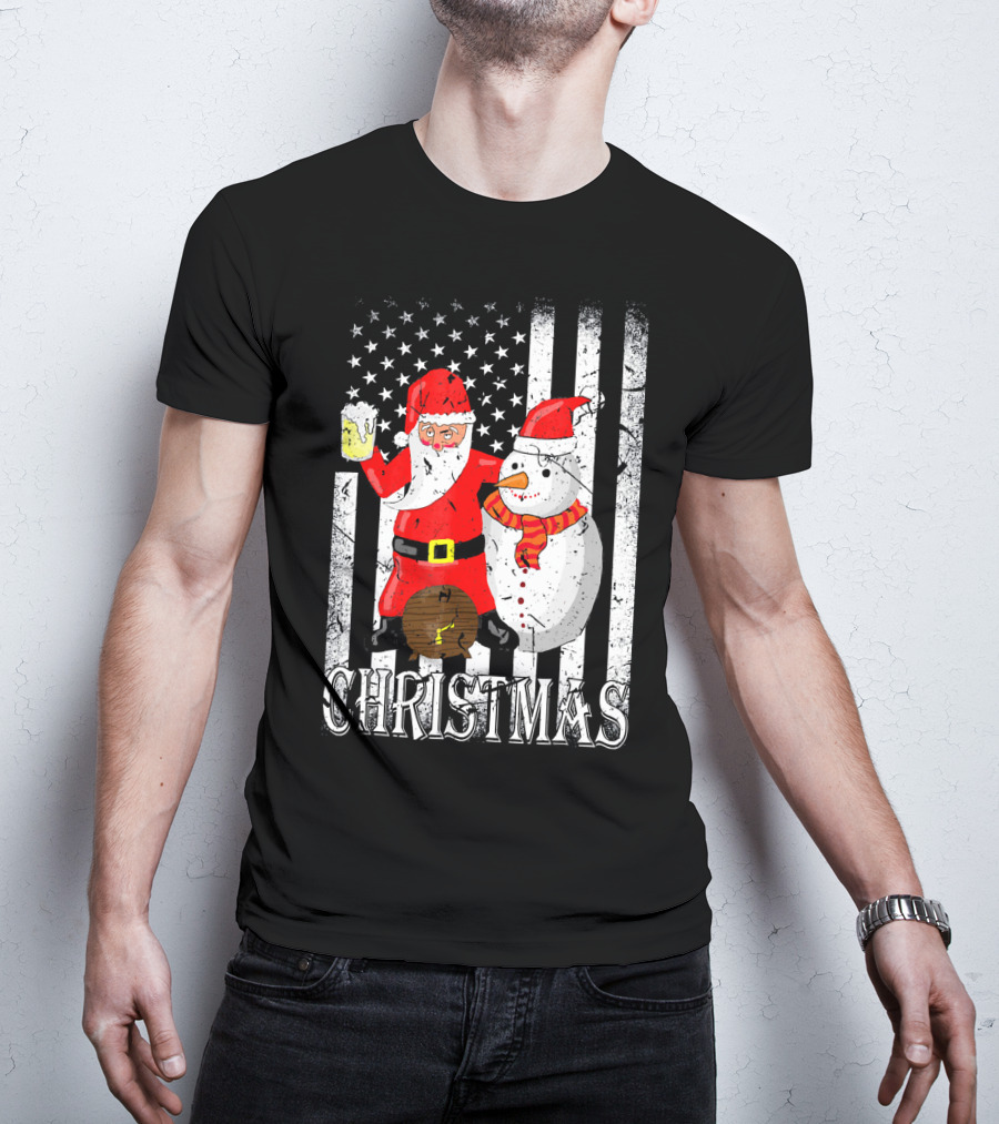 Christmas Santa Claus Snowman With Beer American Flag T-Shirt