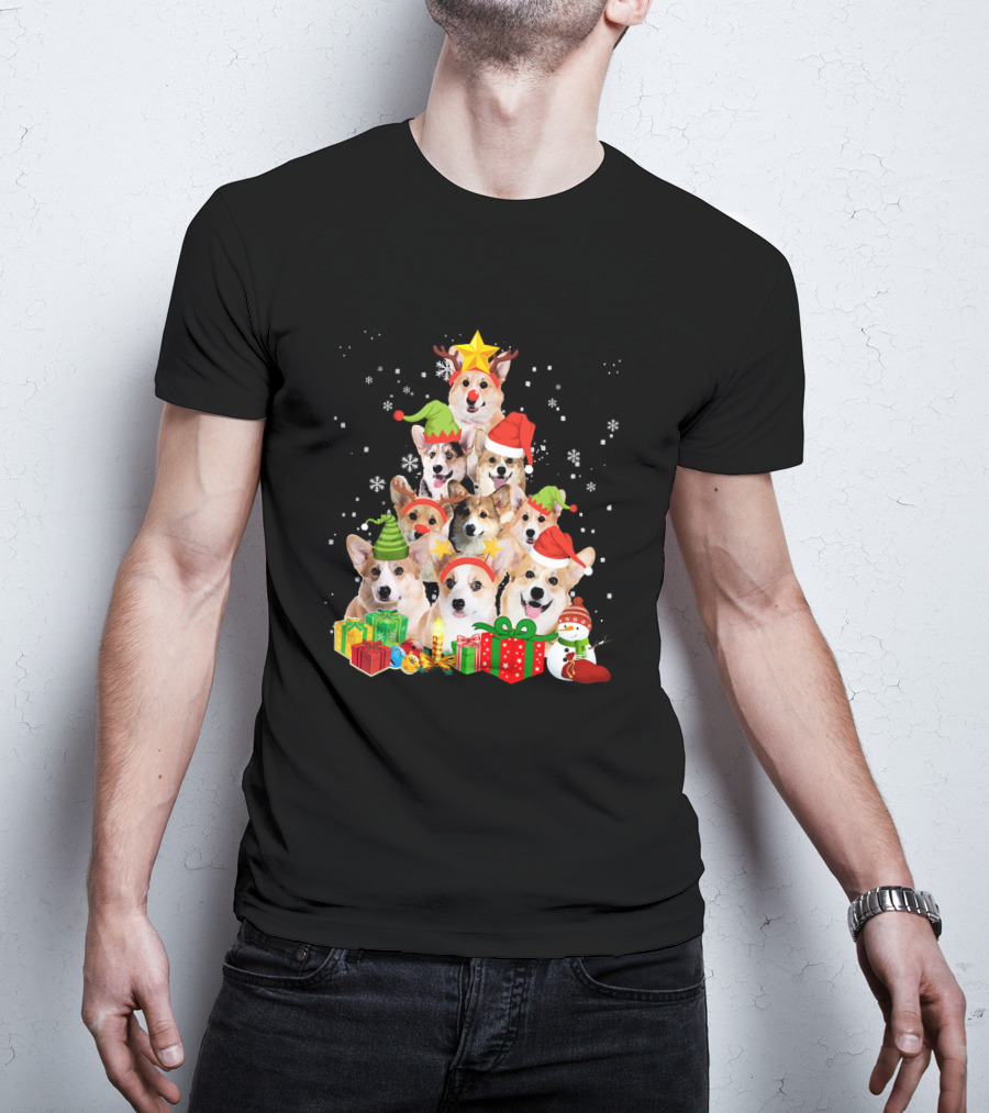 Corgi Christmas Tree With Snowflakes And Holiday Hats T-Shirt