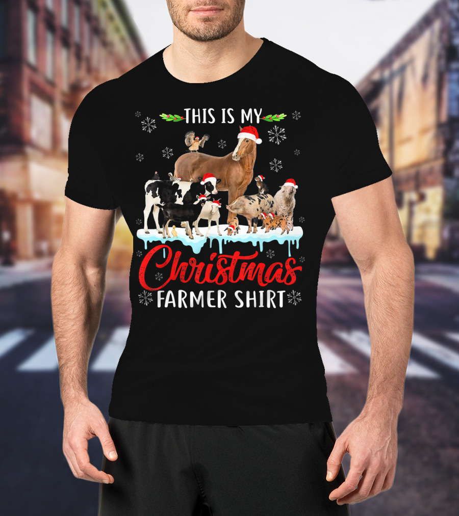 This Is My Christmas Farmer Shirt Santa Hat Animals Snowflakes T-Shirt