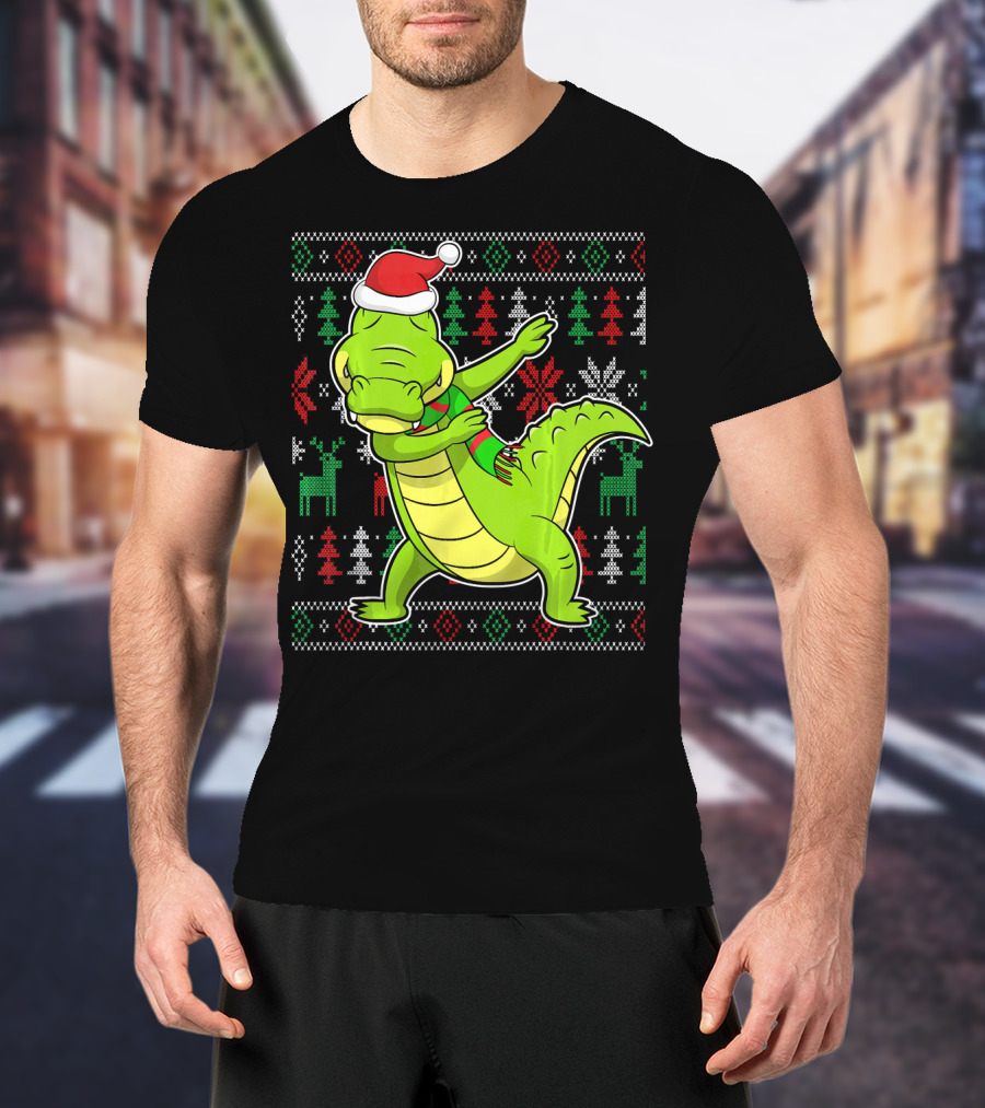 Ugly Christmas Dabbing Alligator Santa Hat Festive T-Shirt