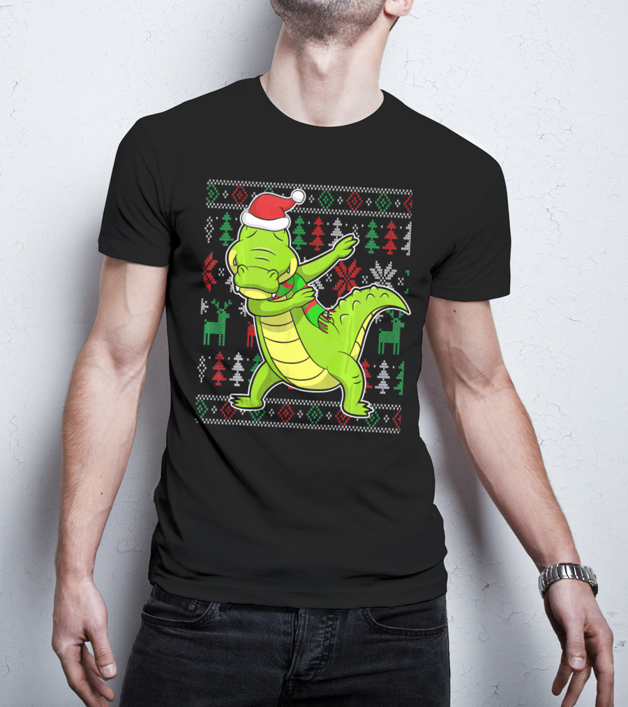 Ugly Christmas Dabbing Alligator Santa Hat Festive T-Shirt