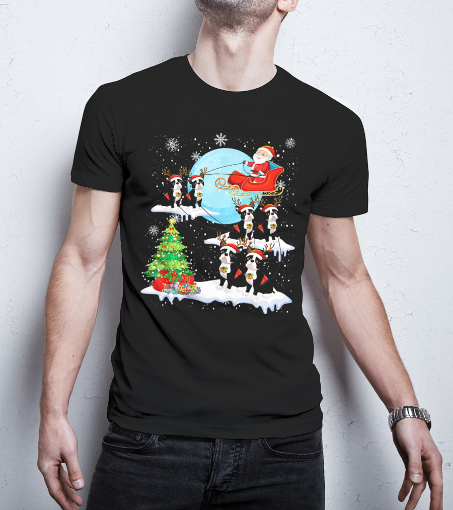 Santa Sleigh With Boston Terrier Reindeer And Christmas Tree T-Shirt