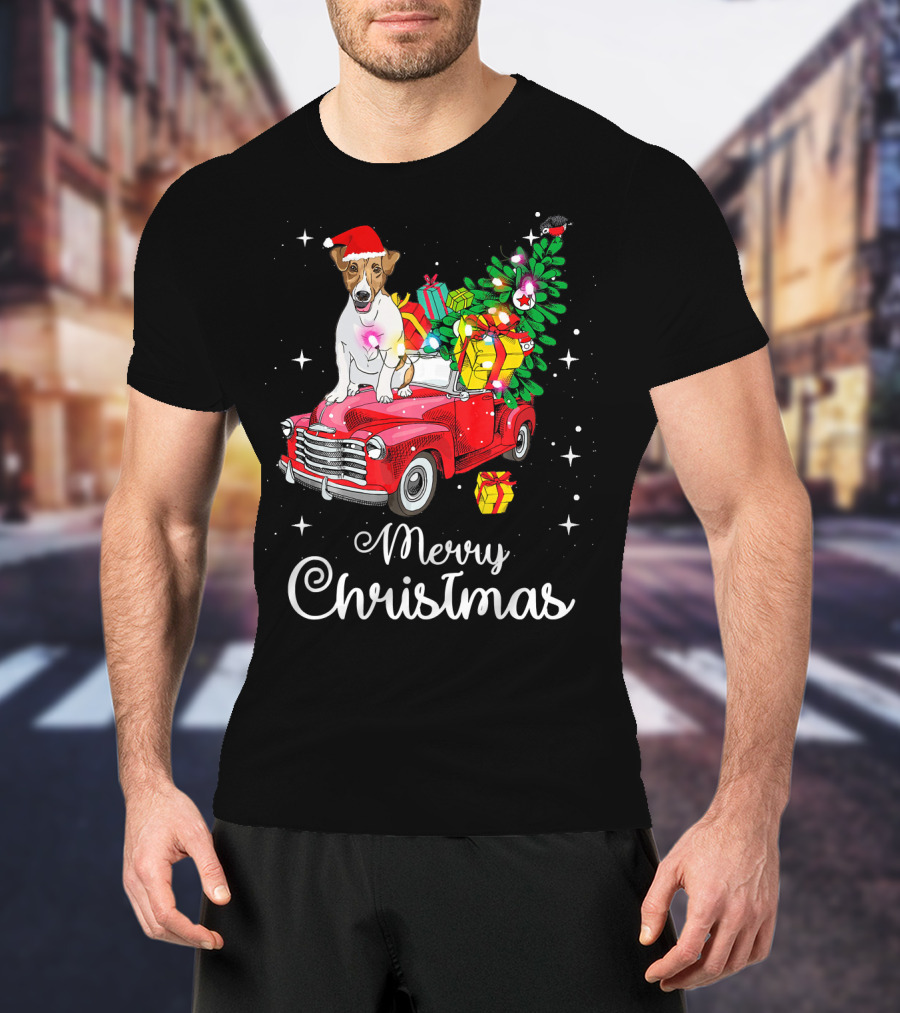 Merry Christmas Jack Russell Terrier Riding Red Truck With Gifts And Santa Hat T-Shirt