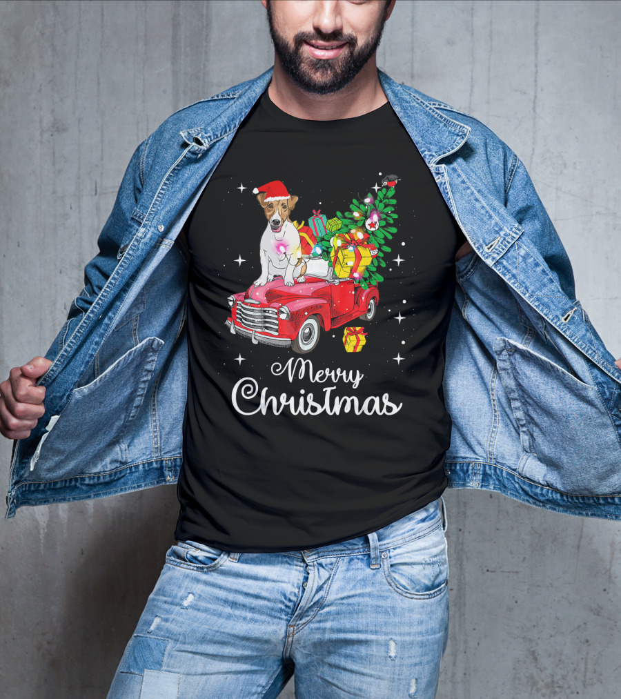Merry Christmas Jack Russell Terrier Riding Red Truck With Gifts And Santa Hat T-Shirt