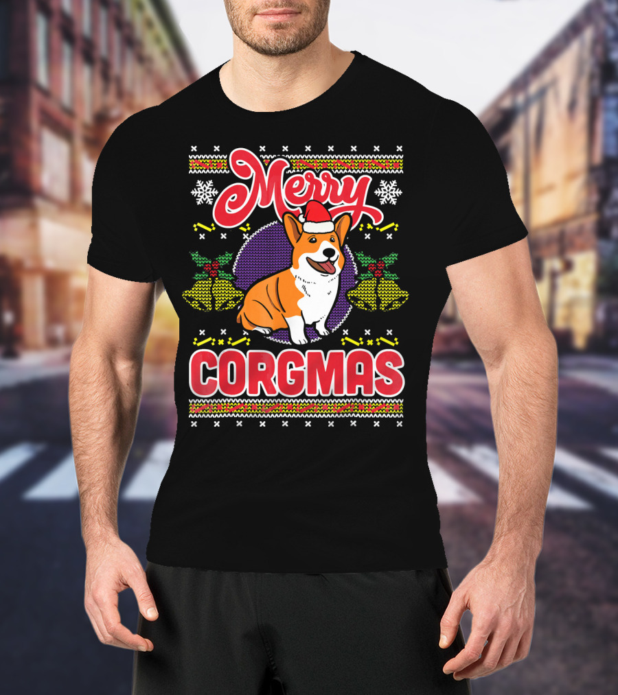 Merry Corgmas Ugly Christmas Corgi Dog Santa Hat Snowflakes Holiday T-Shirt