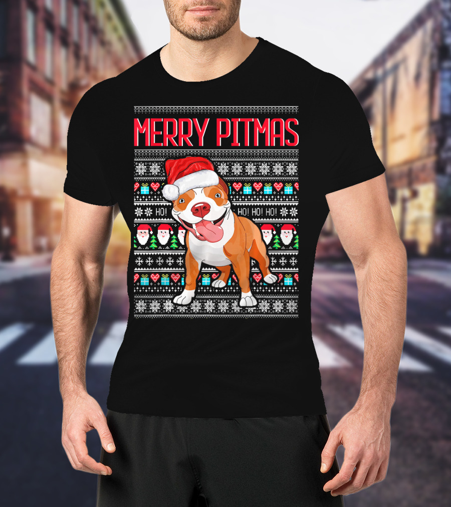 Merry Pitmas Santa Hat Dog Ho Ho Ho UglyStyle Christmas T-Shirt