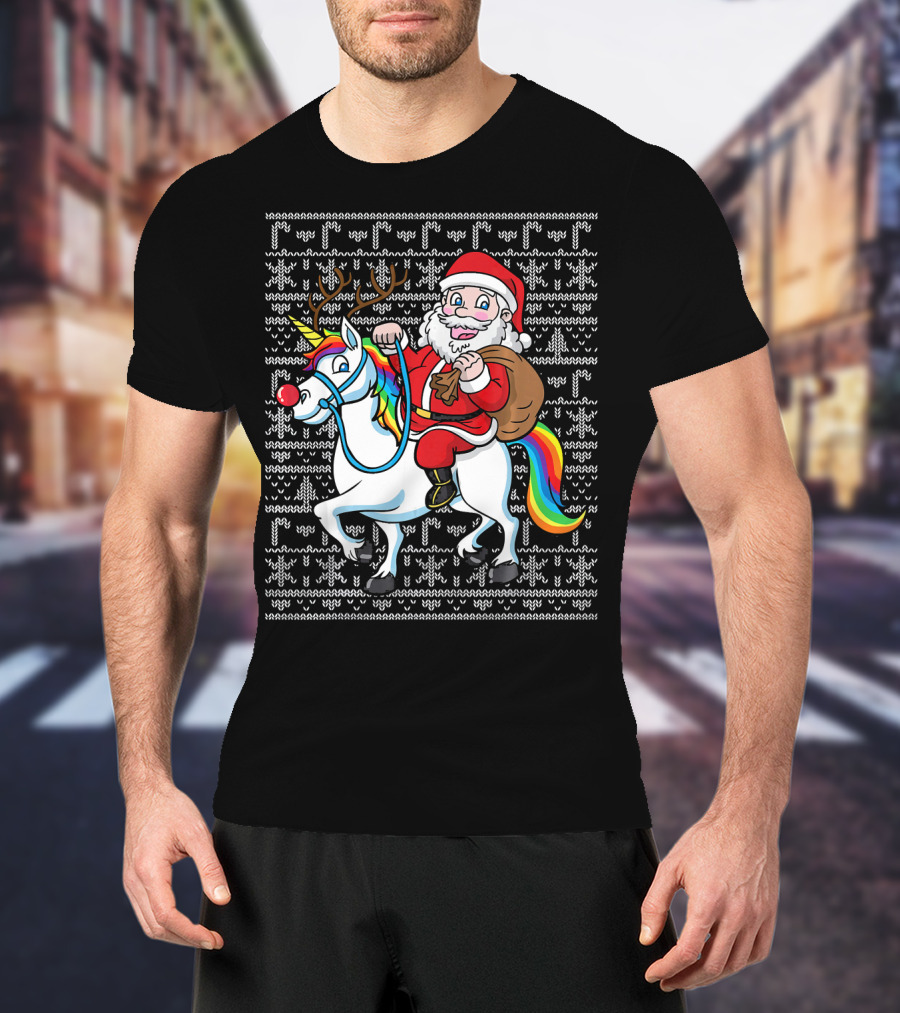 Santa Riding Reindeer-Antlered Rainbow Unicorn On Christmas T-Shirt