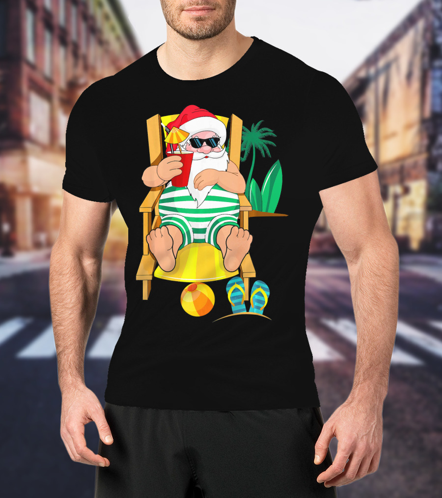 Christmas In July Santa Relaxing On Beach Chair With Cocktail And Palm Tree T-Shirt