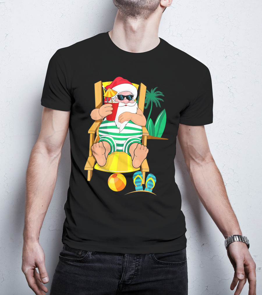 Christmas In July Santa Relaxing On Beach Chair With Cocktail And Palm Tree T-Shirt