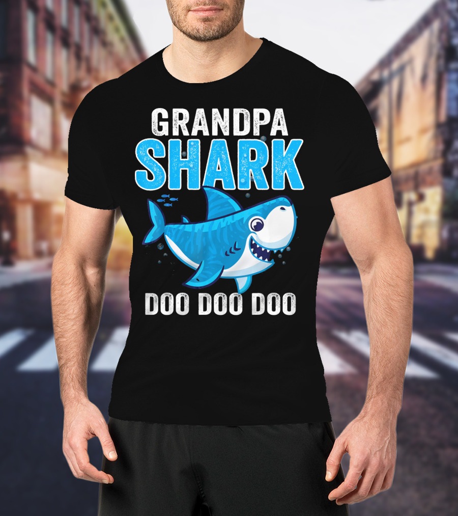 Grandpa Shark Doo Doo Doo Bright Blue Cartoon Shark T-Shirt
