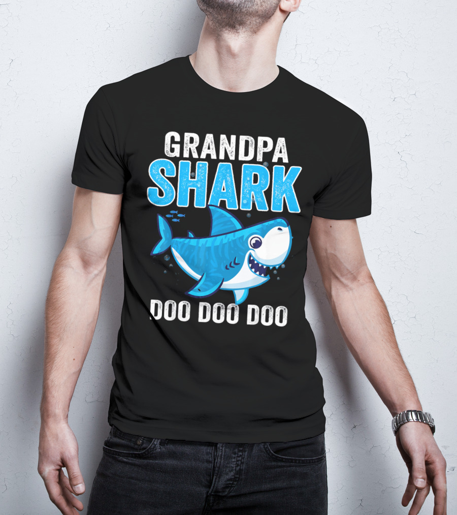 Grandpa Shark Doo Doo Doo Bright Blue Cartoon Shark T-Shirt