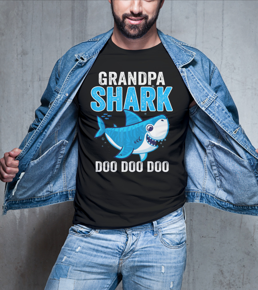 Grandpa Shark Doo Doo Doo Bright Blue Cartoon Shark T-Shirt