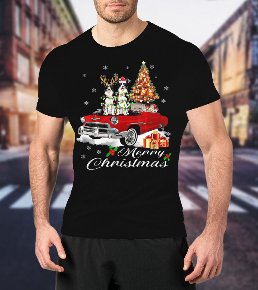 Merry Christmas Border Collie On Red Holiday Truck With Gifts And Tree T-Shirt