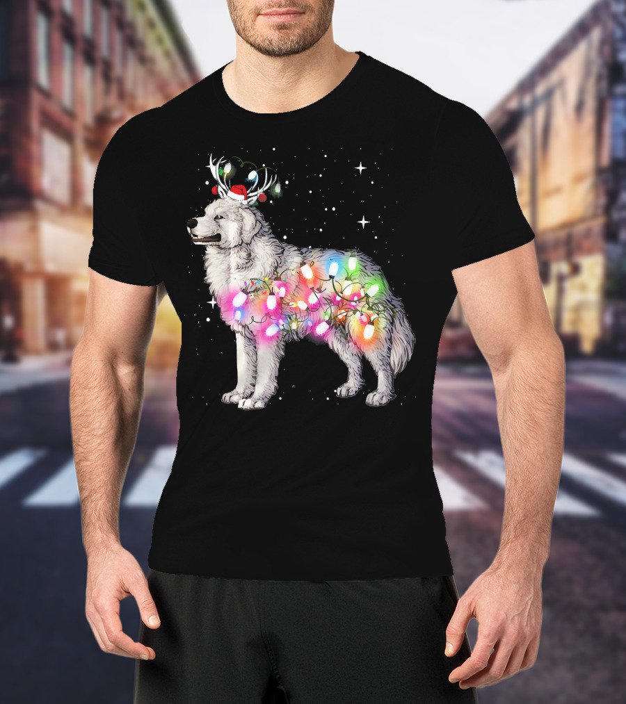Christmas Lights Great Pyrenees With Reindeer Antlers And Santa Hat T-Shirt