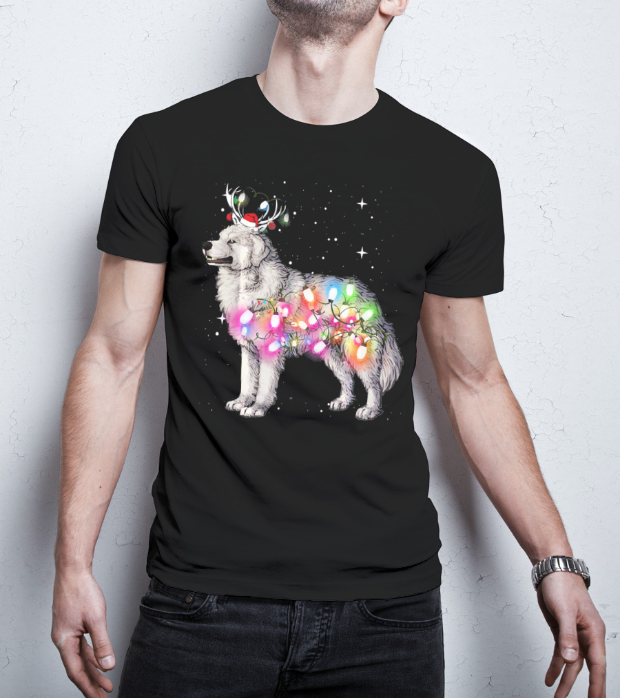 Christmas Lights Great Pyrenees With Reindeer Antlers And Santa Hat T-Shirt