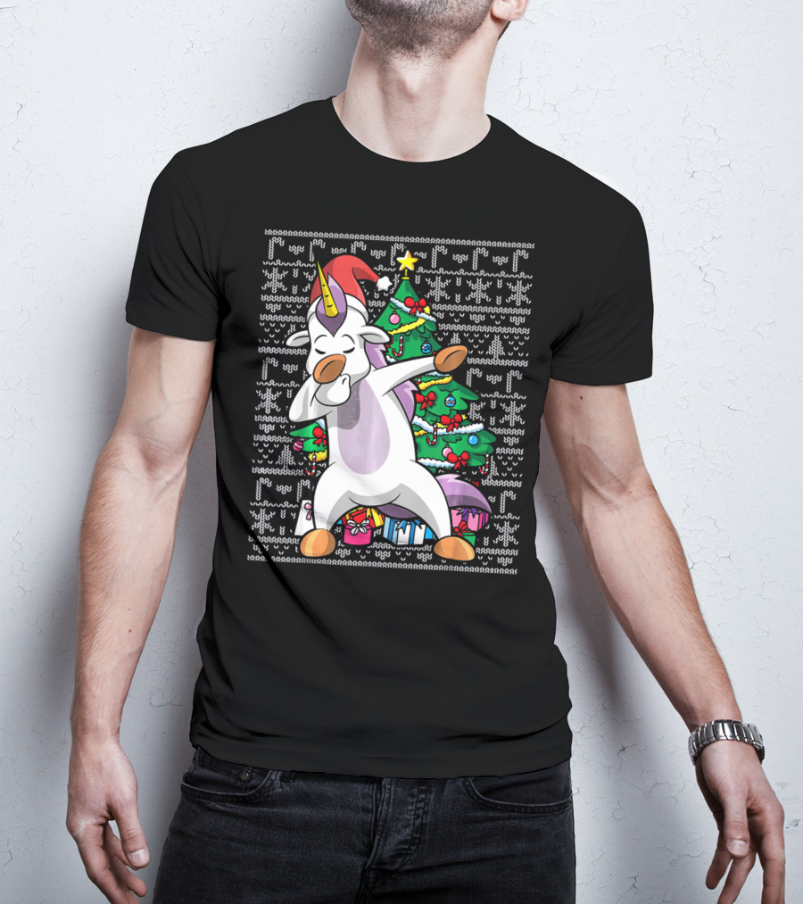 Unicorn Dabbing In Santa Hat By The Christmas Tree With Gifts T-Shirt