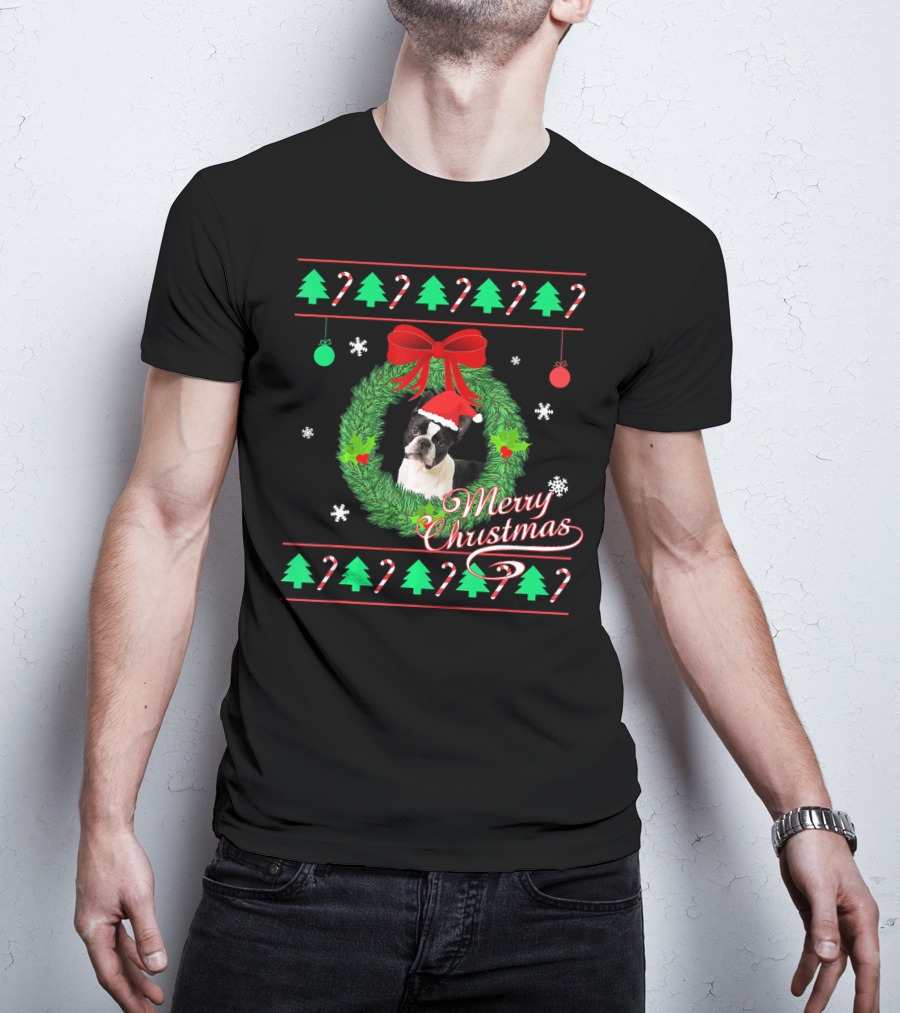 Merry Christmas Boston Terrier Wreath Candy Cane Trees T-Shirt