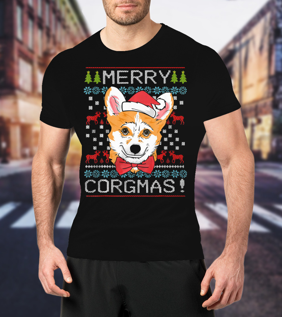 Merry Corgmas Christmas Corgi Santa Hat Festive Trees Bowtie Reindeer T-Shirt