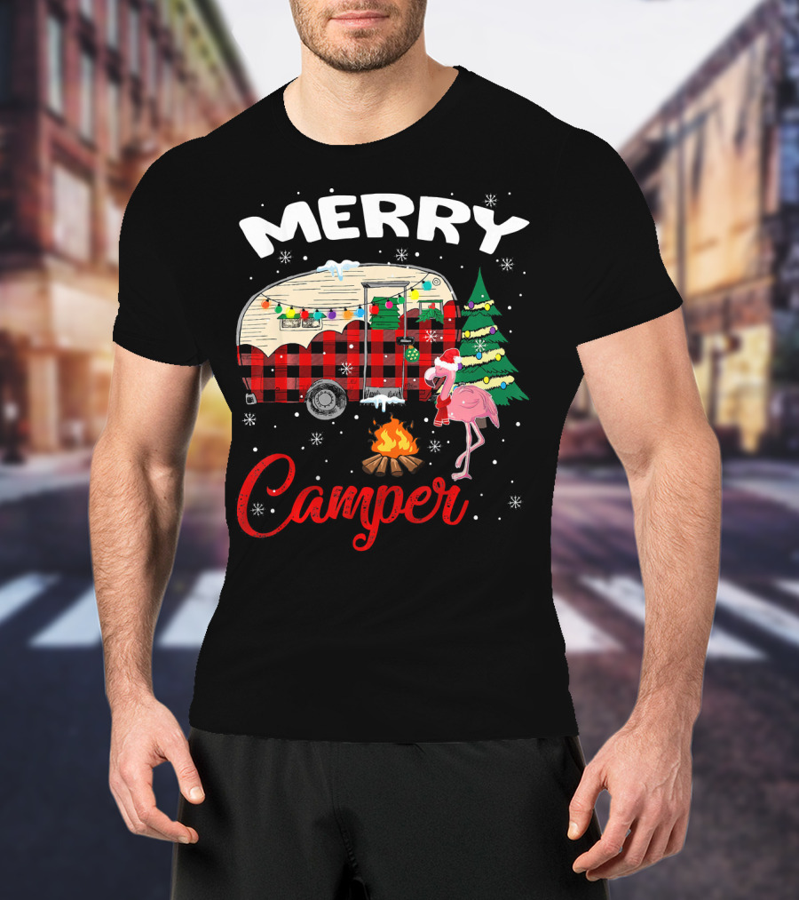 Merry Camper Christmas Camping Flamingo And Campfire Scene T-Shirt