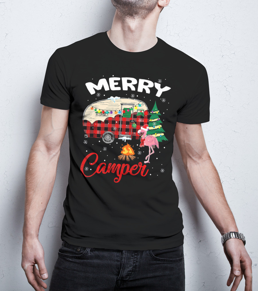 Merry Camper Christmas Camping Flamingo And Campfire Scene T-Shirt
