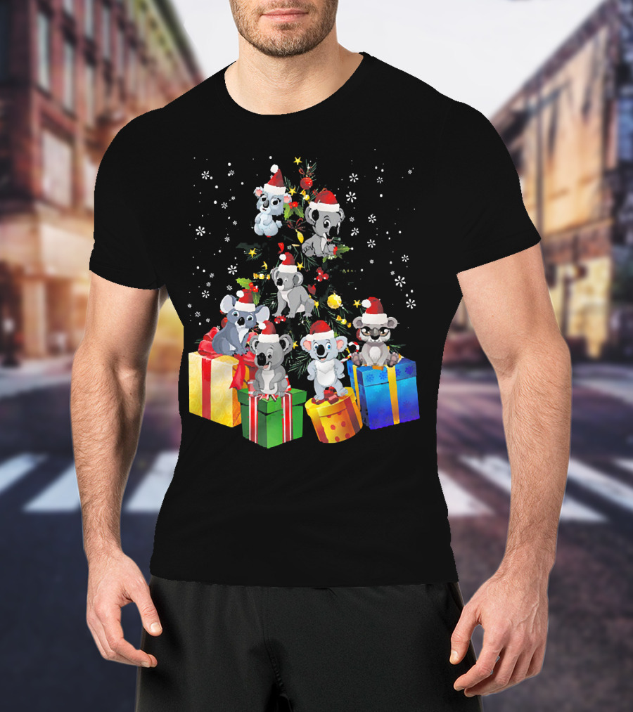 Christmas Koala With Santa Hats And Gifts On Snowy Pine Tree T-Shirt