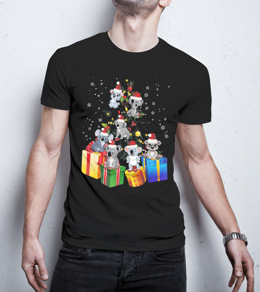 Christmas Koala With Santa Hats And Gifts On Snowy Pine Tree T-Shirt