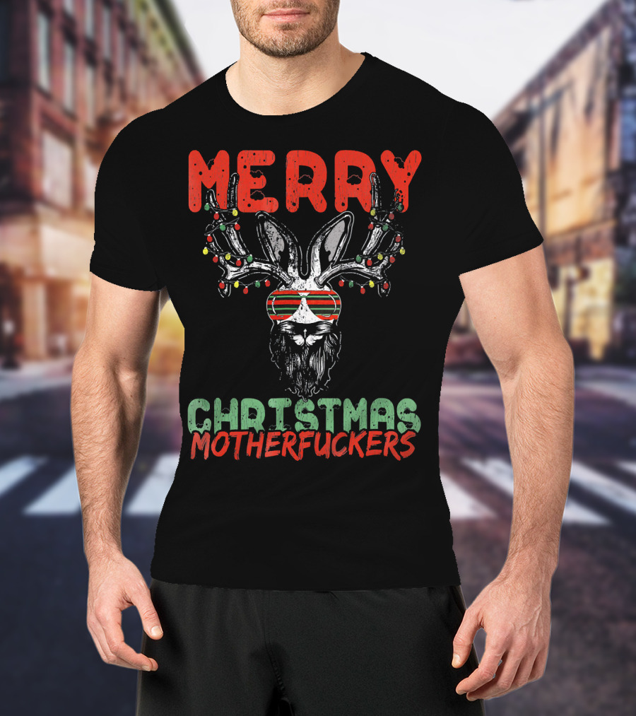 Merry Christmas Motherfuckers Reindeer Skull Holiday Lights T-Shirt