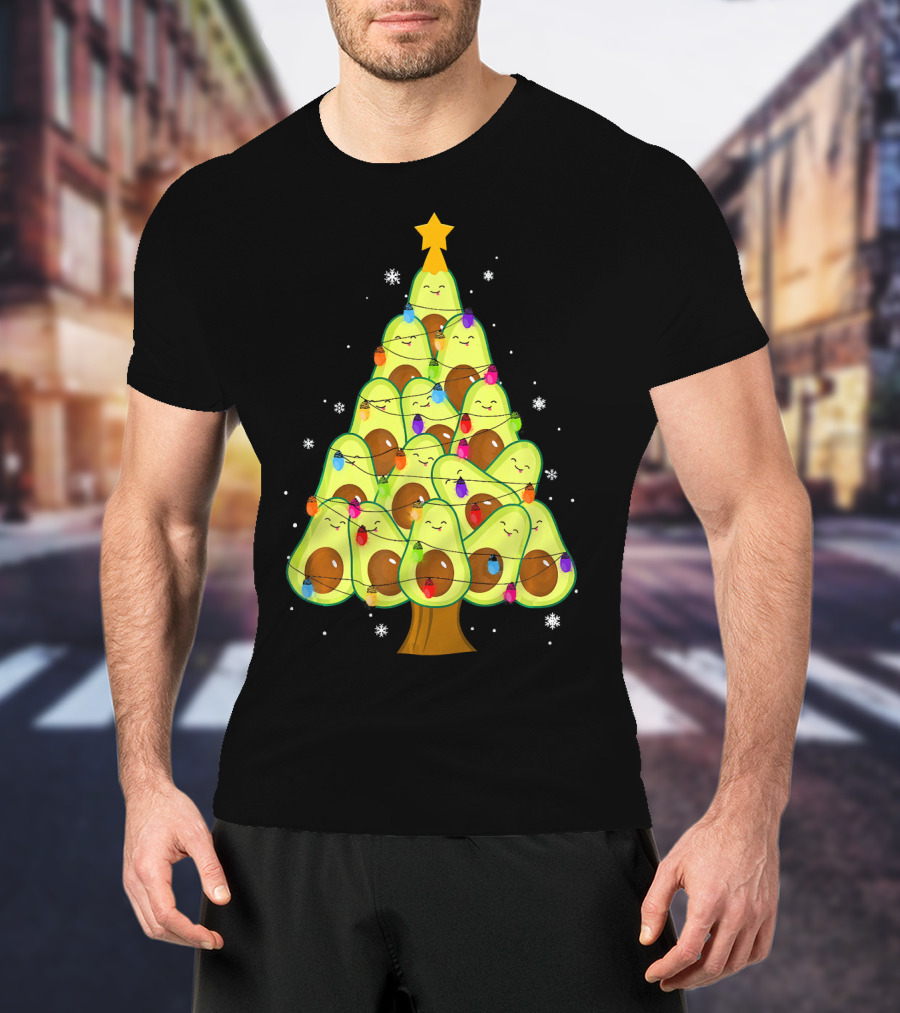 Avocado Christmas Tree With Colorful Lights Vegan Guac Green T-Shirt